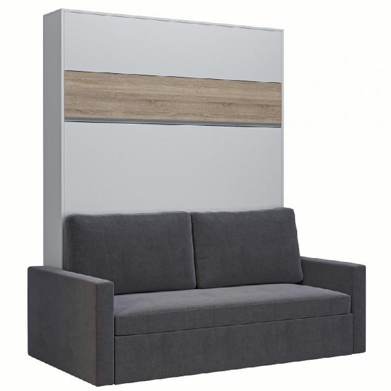 ARMOIRE LIT ESCAMOTABLE DJUKE  SOFA BLANC BANDEAU CHÊNE CANAPÉ GRIS 160*200 CM_0