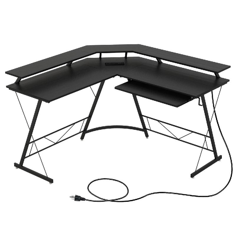 BUREAU D’ANGLE PRISE DE COURANT STATION DE TRAVAIL DE 130 CM SUPPORT D’ÉCRAN PLATEAU POUR CLAVIER CROCHET BUREAU ERGONOMIQUE NOIR 20_0007997_0