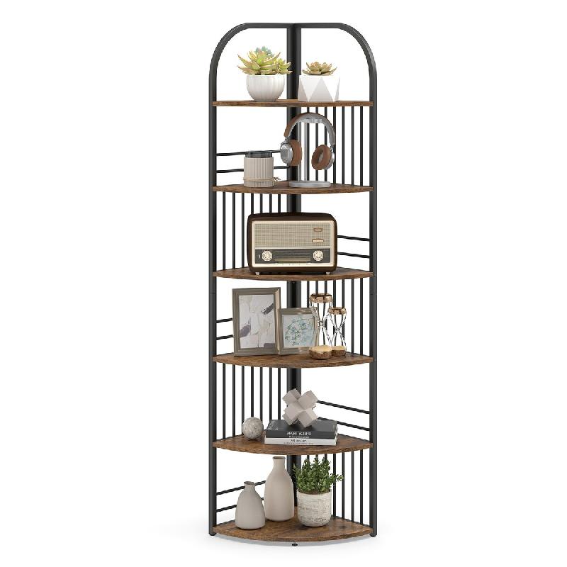 COSTWAY Étagère d'angle 6 niveaux, ouverte, métal, pour plantes, 42x42x181,5 cm (Marron) - noir Bois manufacturé VH34950OR_0