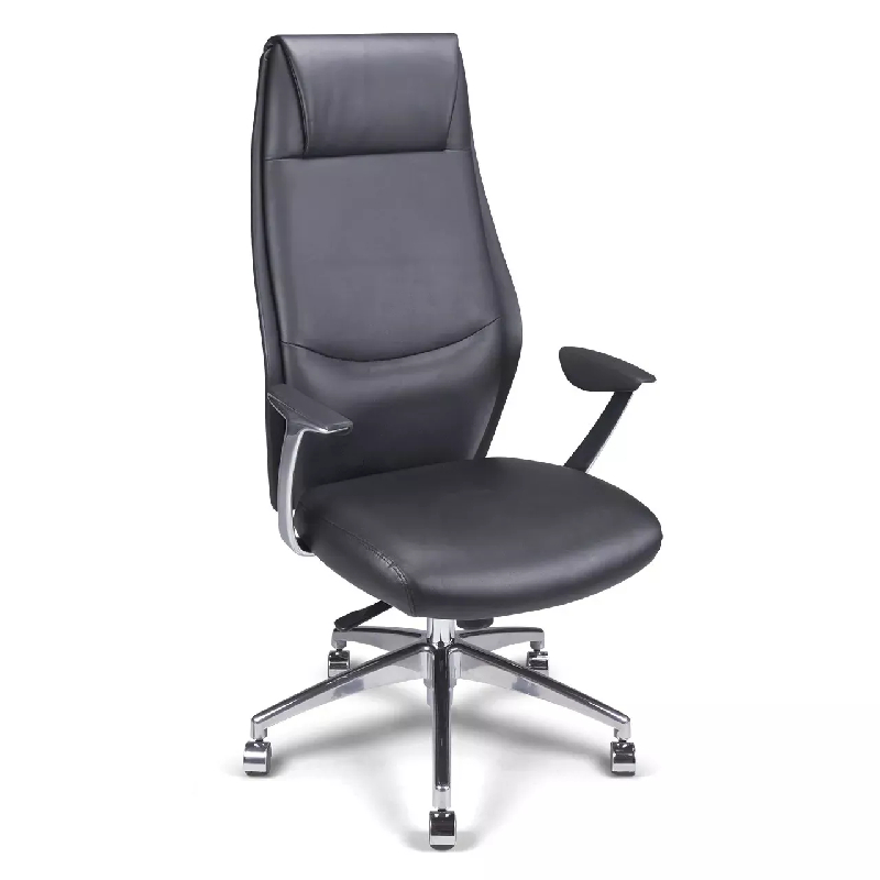 Fauteuil de Direction synchrone - cuir noir pleine fleur - So Emilie - haut dossier avec appui-tête intégré et accoudoirs aluminium_0