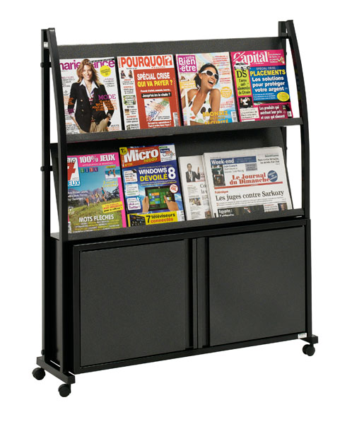 Présentoir Black-Line® 2000 - 2 tablettes inclinées + coffre-réserve - Réf : 203201 - Mobile avec roulettes_0