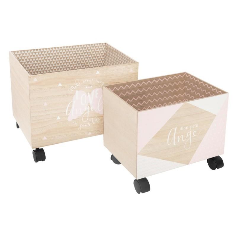 Lot de 2 boîtes de rangement à roulettes 39 cm - Rose - Paris Prix_0