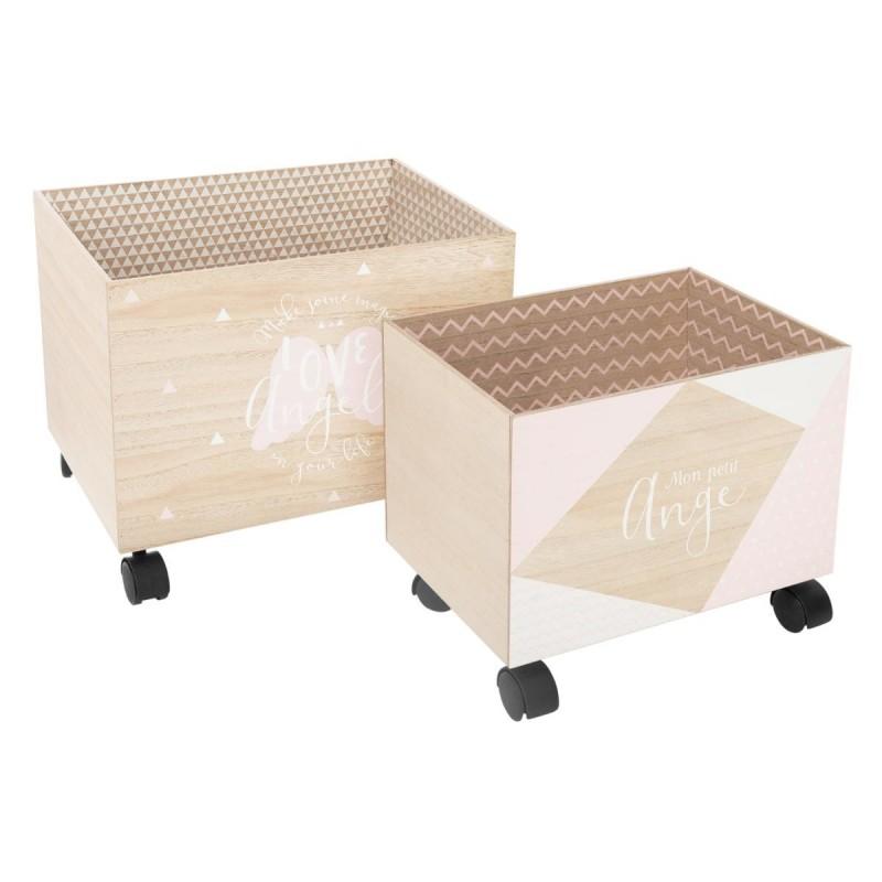 LOT DE 2 BOÎTES DE RANGEMENT ROULETTE 39CM ROSE - PARIS PRIX_0