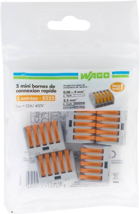 Lot de 5 bornes automatiques à levier WAGO S222 - 2,5 mm² pour fils rigides et souples_0
