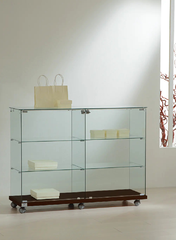 Vitrine basse large en verre 12/90VA - wengé - avec serrure et 4 tablettes amovibles_0
