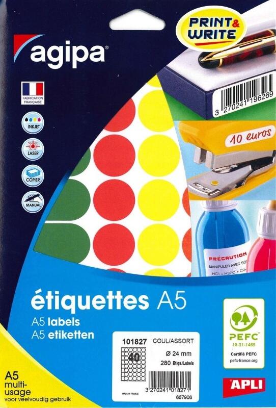 400 étiquettes coloris assortis multi-usage, diamètre 24 mm (7 feuilles A5 / cdt) - 3270241018271_0