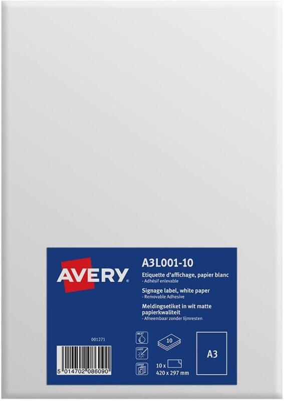 AVERY 10 étiquettes d'affichage enlevables blanc mat, format A3 (10 feuilles / cdt) - 5014702086090_0