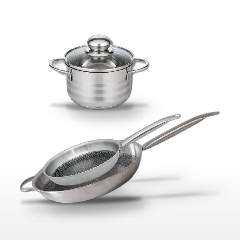 Batterie de cuisine avec 2 poêles de 28/32 cm et 1 faitout de 16 cm en inox sans PFAS Elo Collection Relief Solution Brillant - gris 3176239941067_0