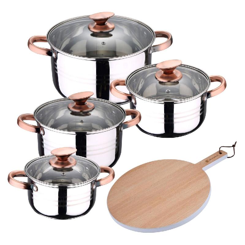 BERGNER - Batterie de Cuisine NONA 8pcs 16/18/20/24cm acier Inoxydable Compatible Induction avec Planche à Découper Ronde 38x28x1,5cm en Bois de Hê_0