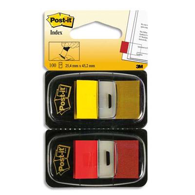 BLISTER DE 2 CARTES DE 50 INDEX MARQUE PAGE POST-IT - 2,54 X 4,4MM - ROUGE ET JAUNE