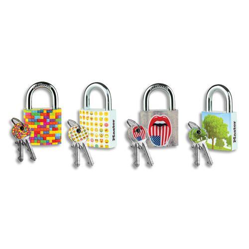 CADENAS A CLES MASTER LOCK - LARGEUR 30 MM - MOTIFS TENDANCE IMPRIMES SOUS BLISTER - LOT DE 4