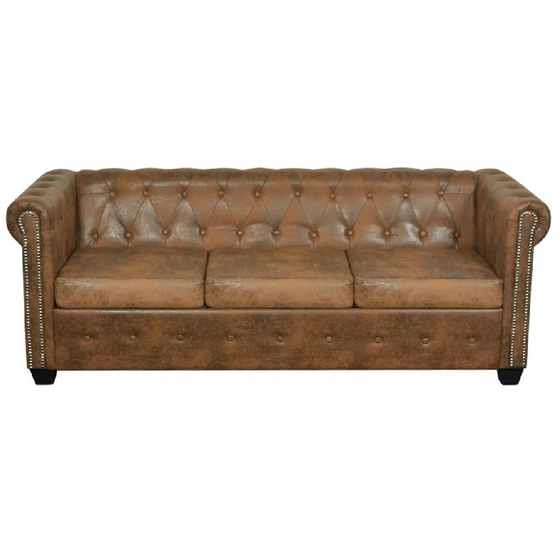 Canapé Chesterfield 3 places en cuir artificiel marron - Détails à touffes et clous - 200,5 cm de long_0