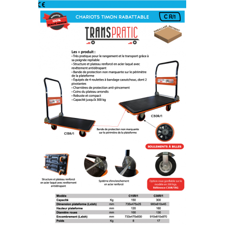 Chariot de manutention 150kg & 300kg timon rabattable Référence   C15R/1_1