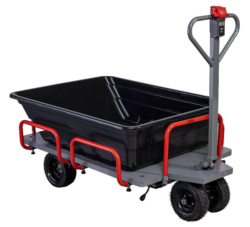 Chariot éléctrique à ridelles amovibles plateau alu 400kg 1210x850mm + benne plastique 300L - batterie 36V / 12Ah Torros EP400LB_0