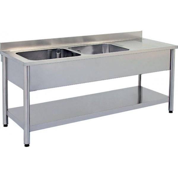 Plonge démontable sur pieds ronds avec étagère inox AISI 304 2 bacs longueur 1600 mm (Position bac: Gauche - Réf DRPL167-2BG-ETP-1)_0