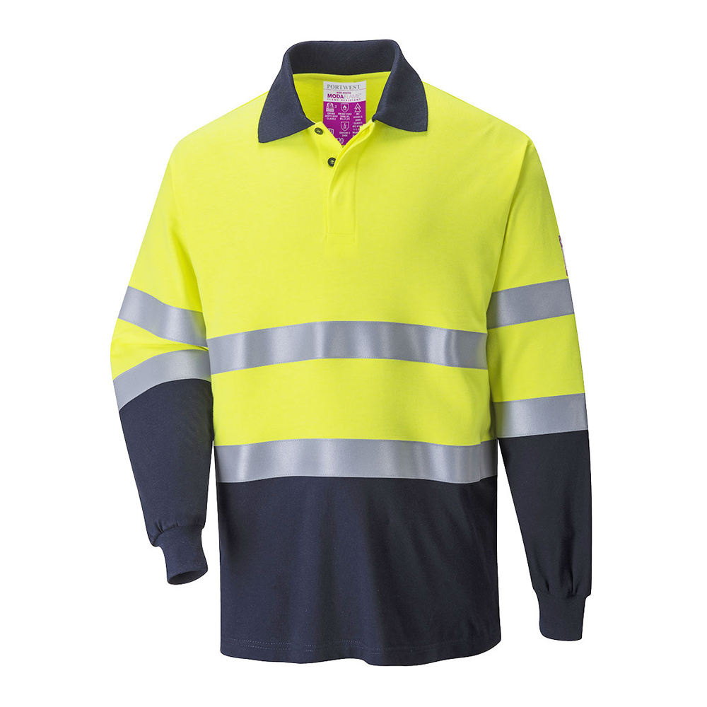 Polo HV manches longues, MODAFLAME FR74, arc électrique et retardateur de flamme (Jaune/Marine) - PCLHV35-S - Portwest_0
