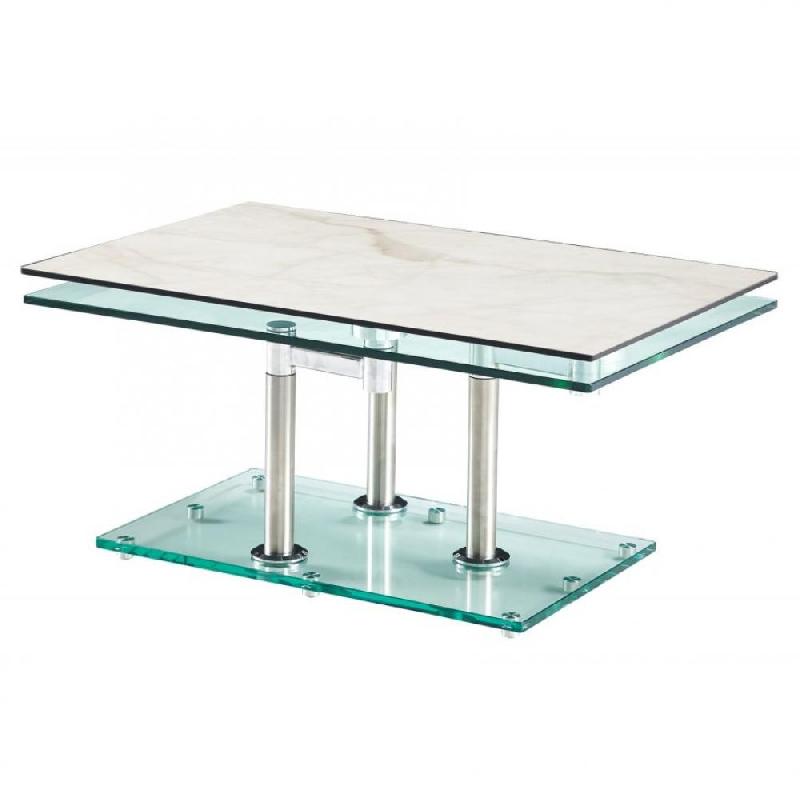 TABLE BASSE MATCH CERAMIQUE MARBLE 2 PLATEAUX PIVOTANTS EN VERRE PIÉTEMENT CHROME_0