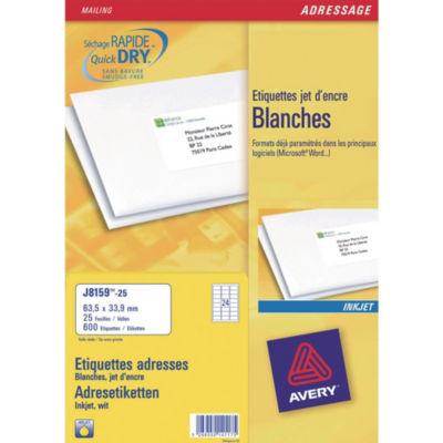 Avery J8159 Etiquettes d'adresse blanches imprimantes jet d’encre 63,5 x 33,9 mm - 100 feuilles - 2400 étiquettes_0