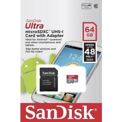 CARTE MICROSDXC SANDISK ULTRA AVEC 48 MO/S ET APPLICATION ANDROID SANDISK MEMORY ZONE 64 GO