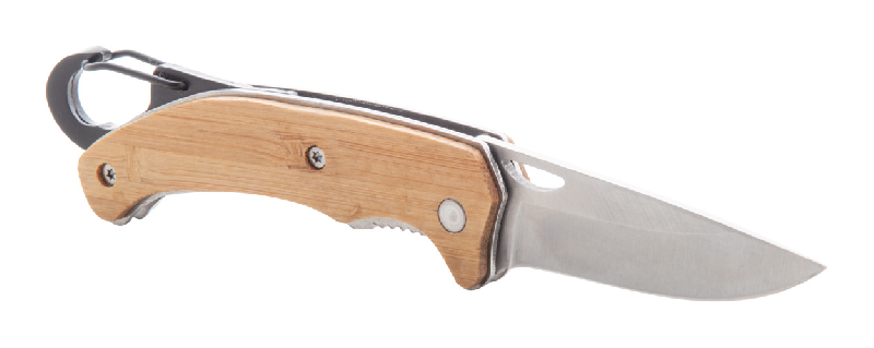 Couteau de poche en acier inoxydable - manche en bambou avec mousqueton et fermeture de sécurité_0