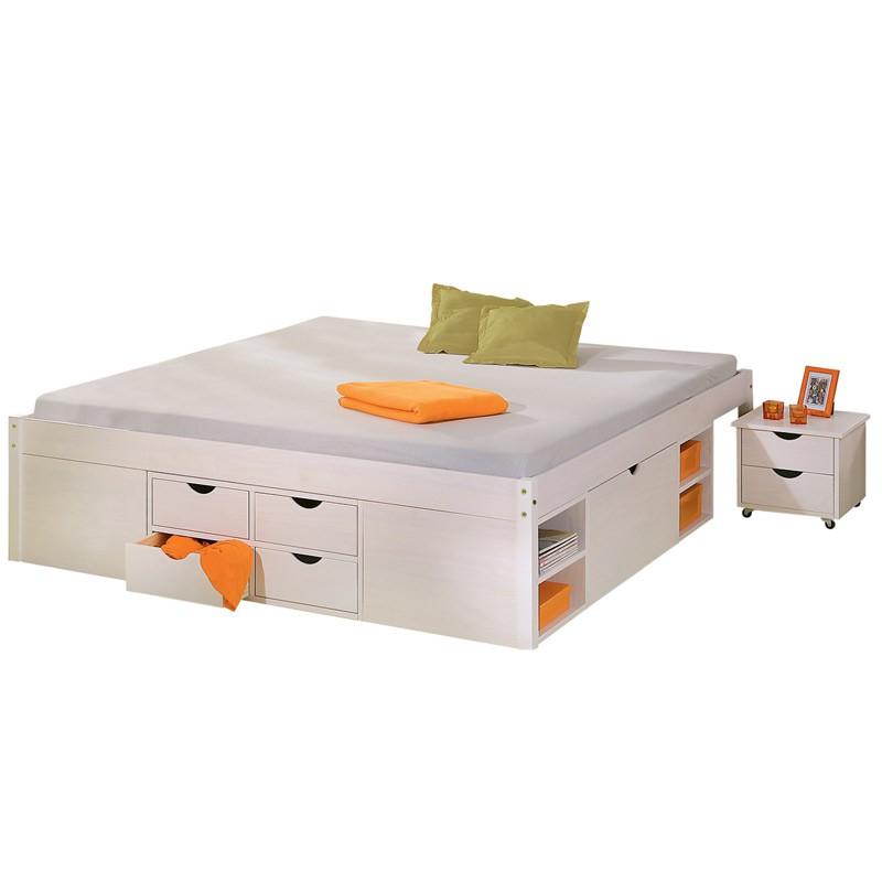 Lit multi-rangements Clark 140x200cm blanc - Paris Prix avec tiroirs, niches et tables de chevet modulables_0