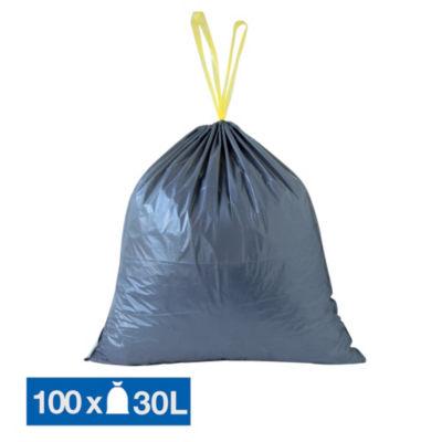 Sacs poubelle déchets courants poignées coulissantes gris 30 L, lot de 100_0