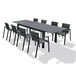 DCB GARDEN - Ensemble repas de jardin 8 places en aluminium gris anthracite avec rallonge automatique - MIAMI-TB300+8FT_0