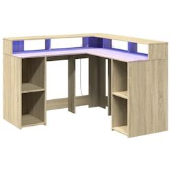 Helloshop26 - Bureau table poste de travail meuble d'ordinateur informatique étude avec lumières LED chêne sonoma bois d'ingénierie 02_0023424 - 3_0
