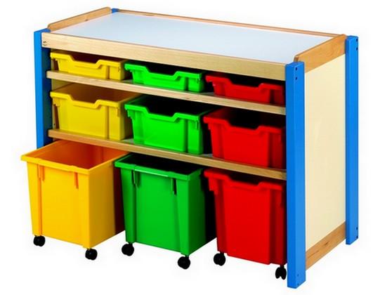 Meuble 9 casiers - 3 maxi à roulettes - en hêtre massif - rangements pour petite enfance - 107x78.5x53 cm_0