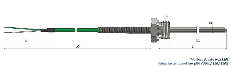Thermocouple à visser - Raccord fixe avec câble de prolongation - Type K/N/J/T/E/R/S/B - Classe 1/2 - Raccord BSPP/BSPT/NPT/M10_0