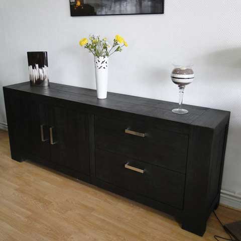 Buffet bas en acacia marron chocolat - 2 portes, 2 tiroirs - 221x45x84 cm_0