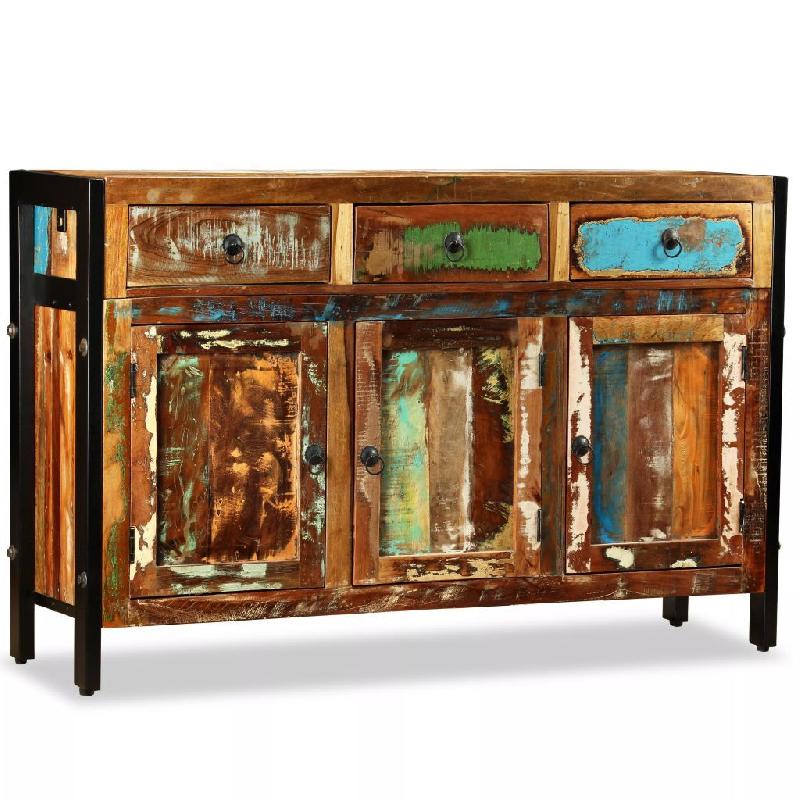 Buffet bahut en bois de récupération massif - 3 tiroirs et 3 compartiments - 120 cm_0