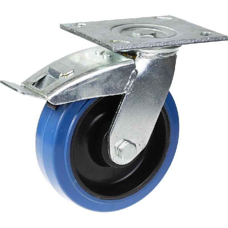 Roulette pivotante/frein de 125 mm avec caoutchouc élastique bleu sur roue centrale en nylon_0