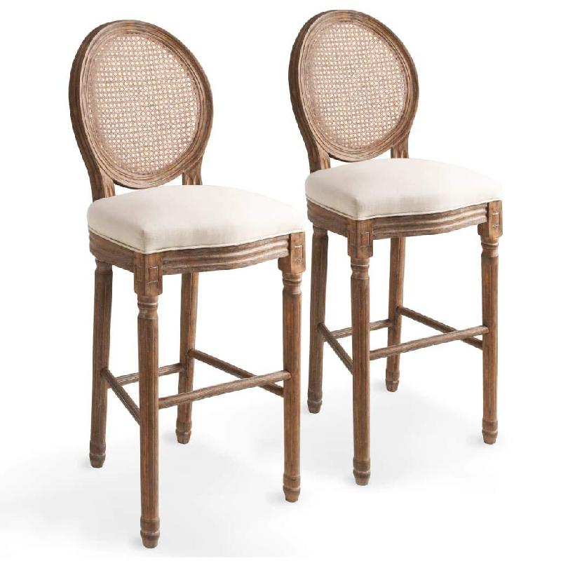 Lot de 2 tabourets de bar design en bois massif - Siège en rotin blanc crème - Style classique baroque_0