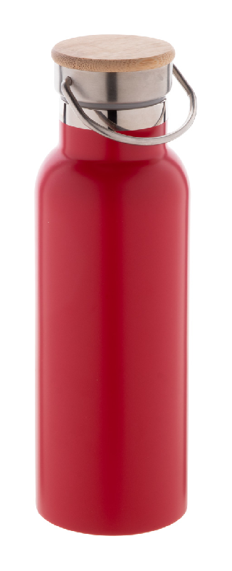 Thermos en inox à double paroi - 500 ml - Couvercle en bambou et accroche en métal - Couleur rouge_0