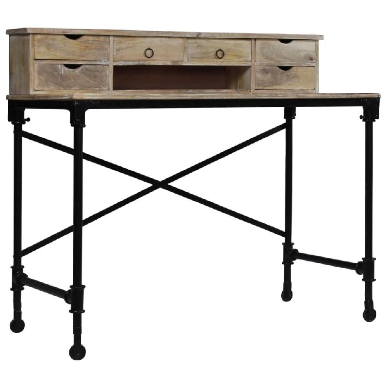 Bureau en bois de manguier massif et acier - 110 cm - Style vintage avec 6 tiroirs et compartiment - Réf. 0502126_0