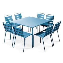 Oviala Business - Ensemble table carrée de terrasse et 8 chaises en métal bleu Pacific - Structure en acier thermolaqué anti-rouille et anti-UV_0