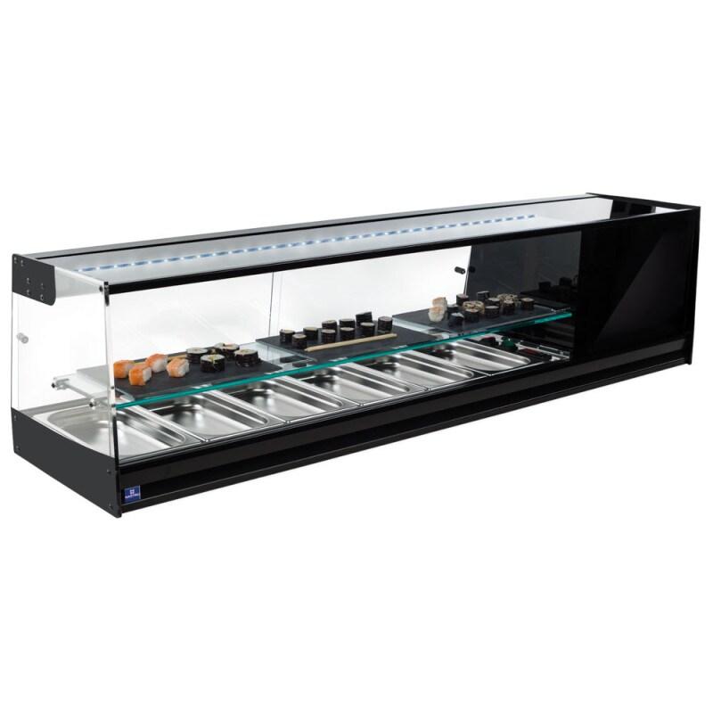 Presentoir réfrigérée pour sushi avec vitre droit et 1 étagère en verre, 6x GN 1/3 h 40 mm 1566x410x360 mm - VIRTUS - 0651637283894_0