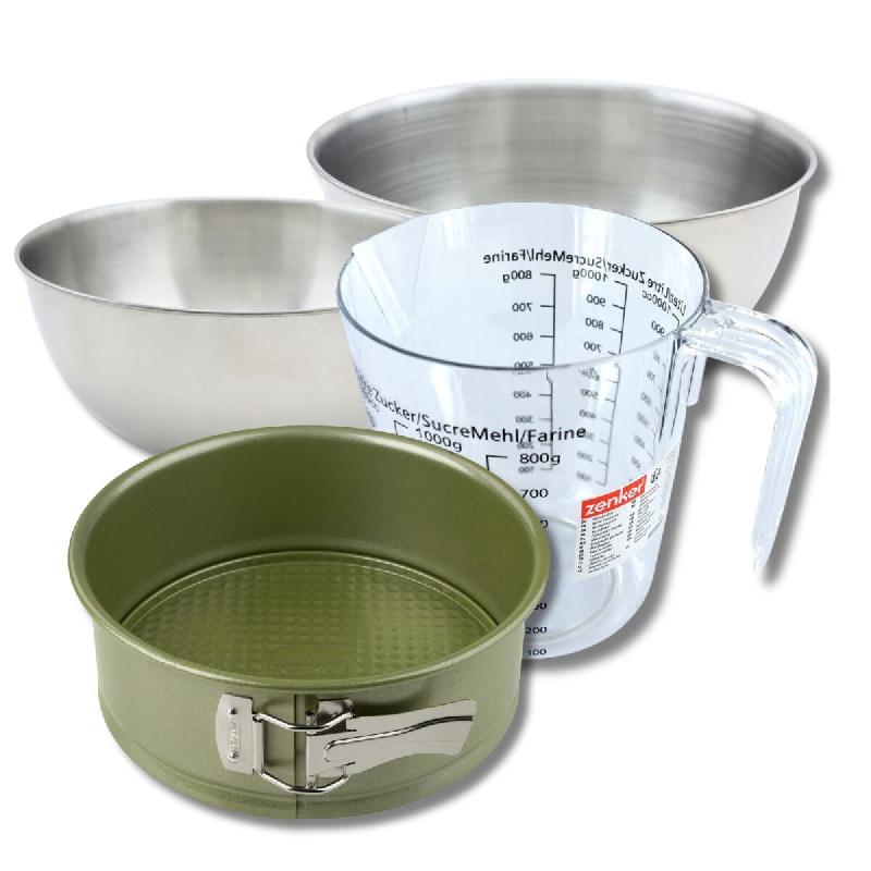 Set pâtisserie avec moule à manqué 24 cm revêtement cire de carnauba, 2 bols à mixer, verre mesureur et spatule Zenker - vert acier 3176239937961_0