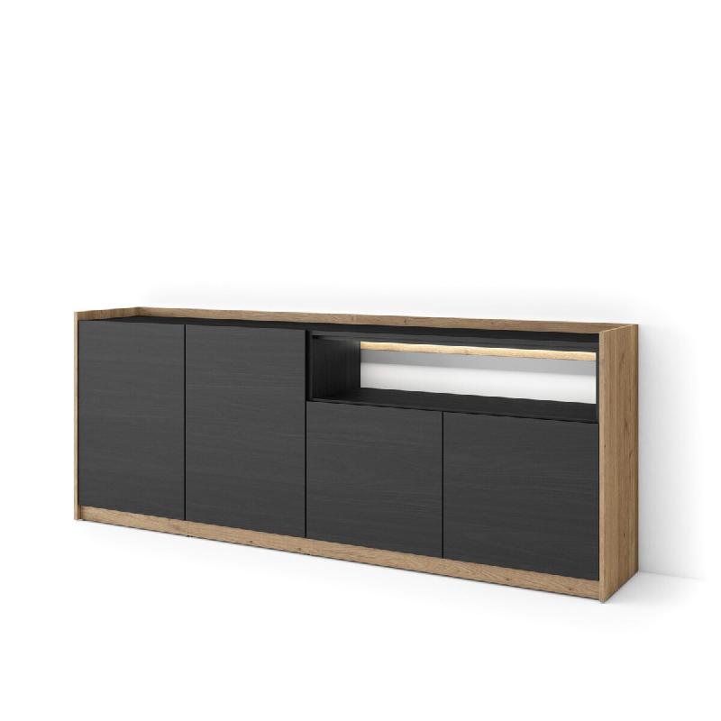 SKRAUT HOME Buffet salon et cuisine, 207x80x37 cm, 4 Portes, LED, Noir et chêne - noir Bois manufacturé 702_14_0