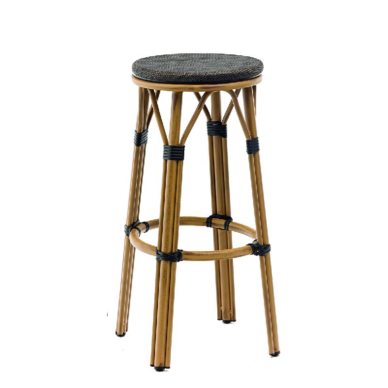 Tabouret de bar Charlotte - Noir et Bambou - Aluminium léger et robuste - Empilable pour terrasse_0
