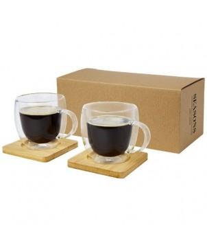 TASSE MANTI 2 PIÈCES EN VERRE À DOUBLE PAROI DE 250 ML AVEC SOUS-VERRE EN BAMBOU - NATUREL - GOBELETS ET MUGS PERSONNALISÉS