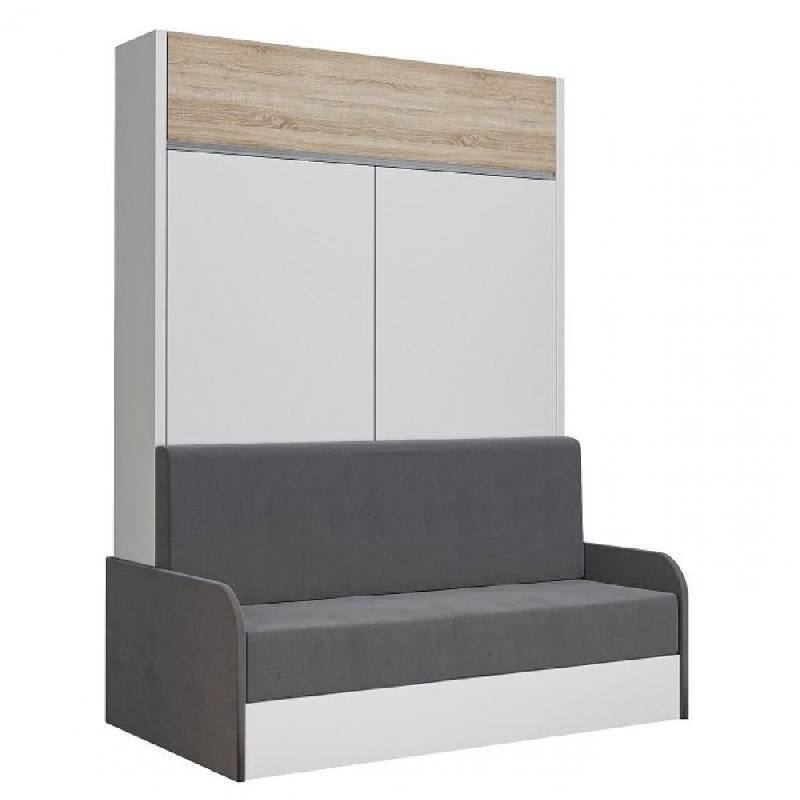 ARMOIRE LIT ESCAMOTABLE ALADYNO SOFA BLANC BANDEAU CHÊNE CANAPÉ GRIS 140*200 CM_0