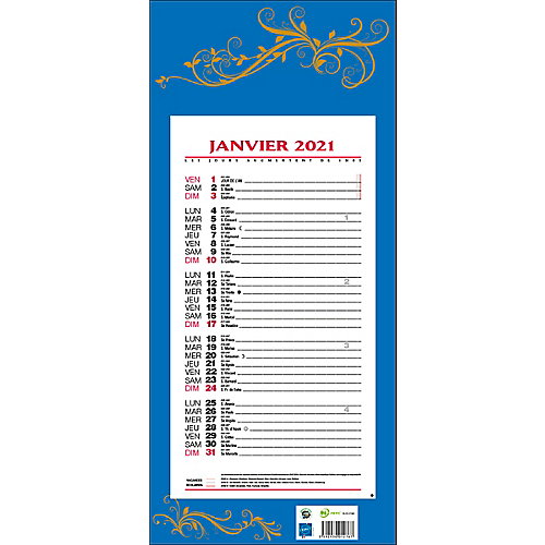 CALENDRIER MENSUEL MURAL 411 BLEU 2021 19 X 42 CM