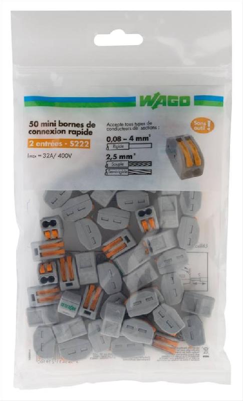 Lot de 50 bornes automatiques WAGO S222 - 2 fils - 2,5 mm² pour câbles rigides et souples_0