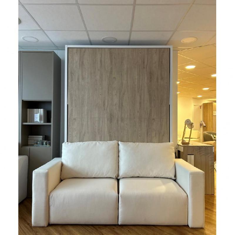 Armoire lit escamotable électrique Malaga Sofa - Chêne et blanc 140x200 cm avec canapé intégré_0