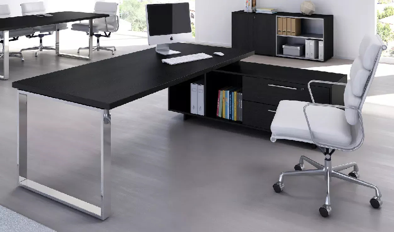 Bureau individuel sur console pied cadre métallique So Flora - 195 x 170 cm - Noyer Naturel - Effet chromé - Plateau épaisseur 38 mm - Console technique avec tiroirs et niches_0