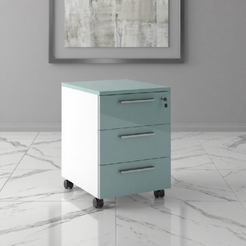 Caisson mobile 3 tiroirs blanc bicolore - Ofitres - Blanc pastel, Aigue Marine brillant_0