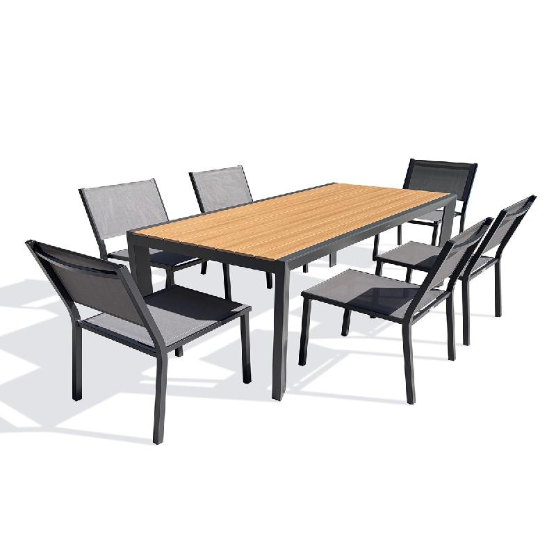 DCB GARDEN Ensemble repas de jardin en aluminium de coloris gris anthracite avec 6 fauteuils empilables (170X80 cm) - TONGA - 3700286491956_0
