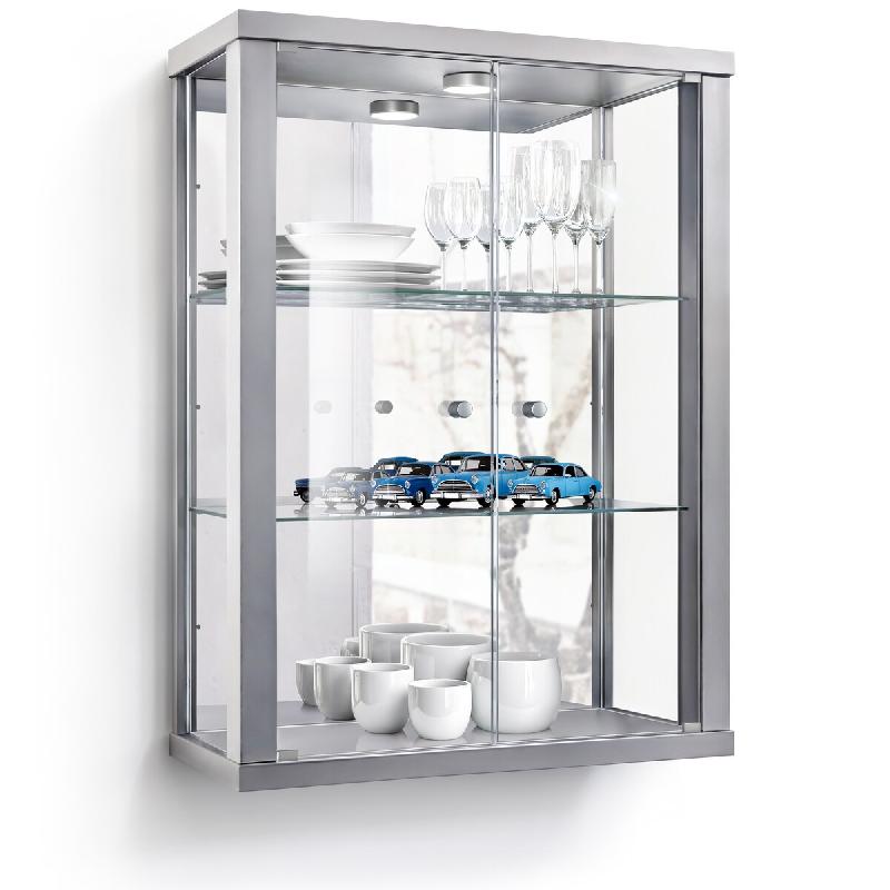 K-Möbel Vitrine suspendue en argent (80x60x25 cm) avec 2 étagères en verre réglables en hauteur, miroir & LED - vitrine de voiture miniature argen_0
